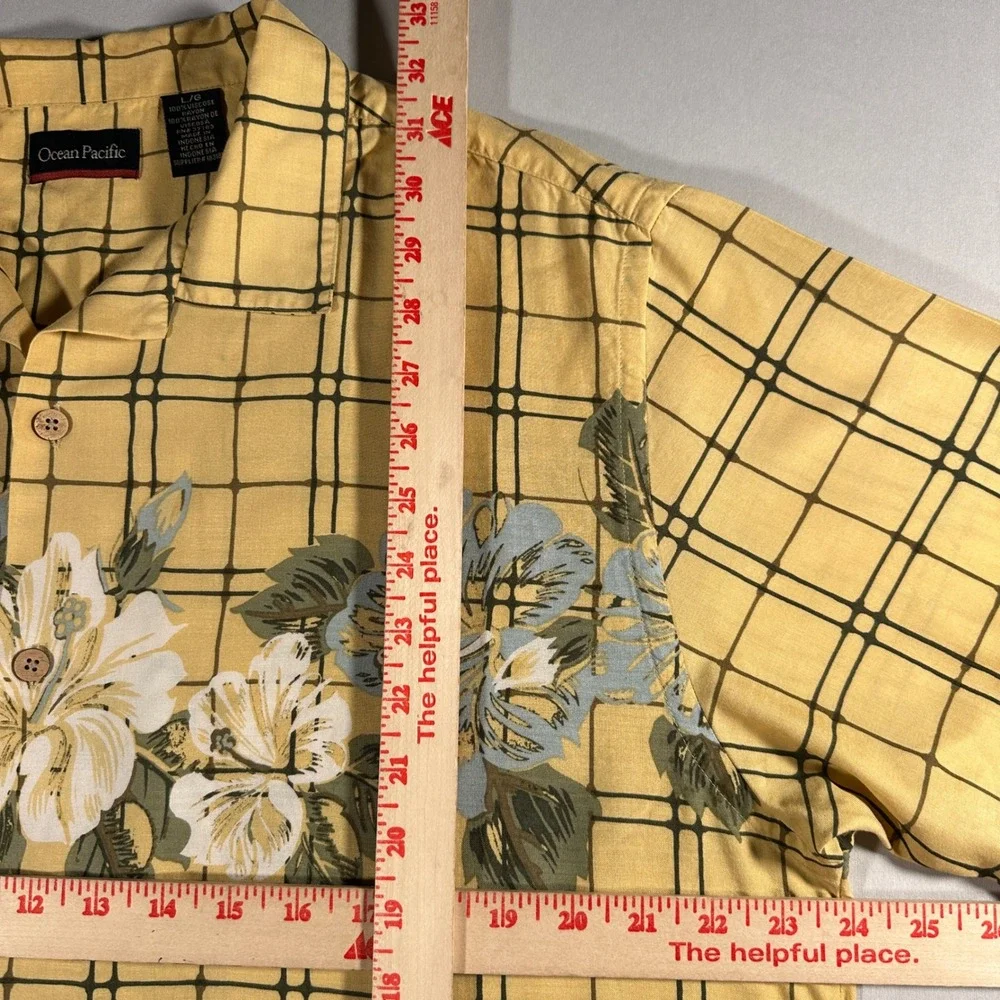 Y2K‎ Ocean Pacific Hawaiian Shirt Mens Large Yellow Rayon Floral Plaid Surf Camp